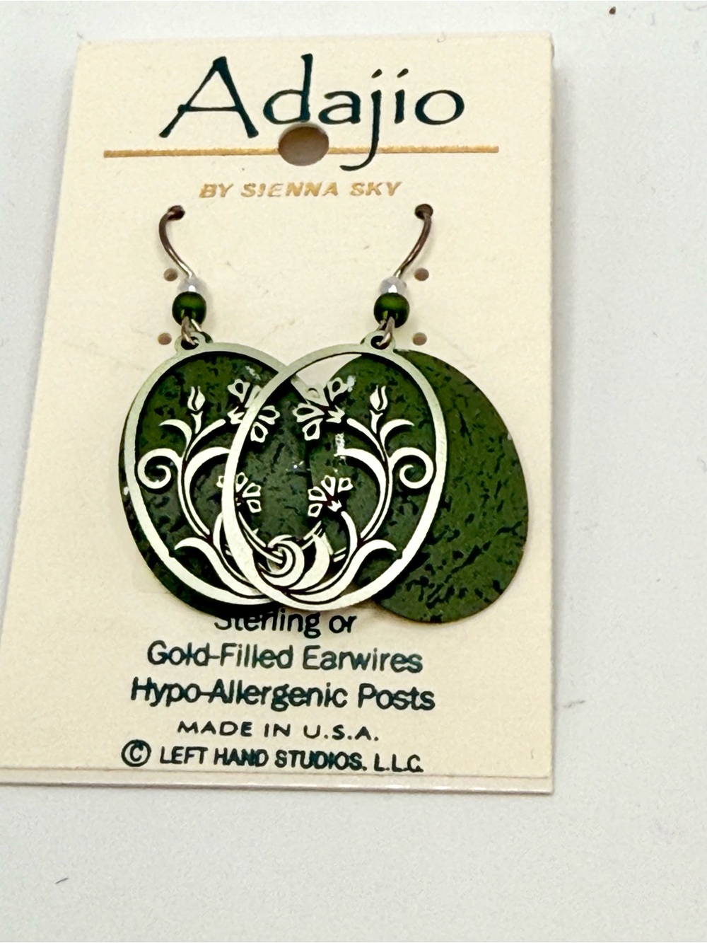 Adajio Earrings Light Pine Oval Moss Art Nouveau Flower Filigree Handmade - Picture 6 of 6